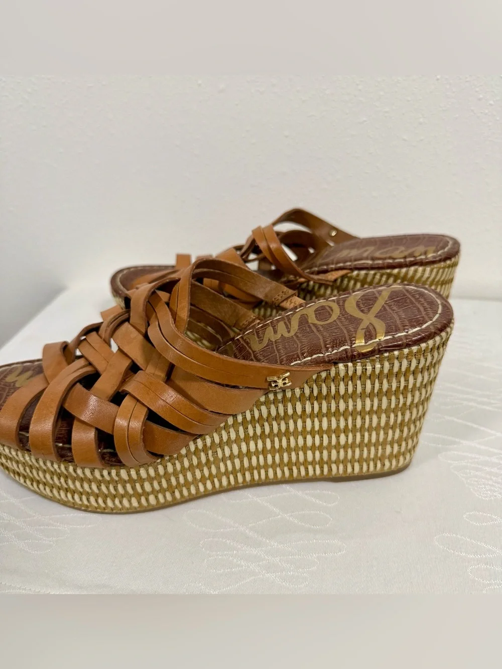 Sam Edelman Leather Espadrille Wedge Sandals 8.5 Tan Strappy Platform